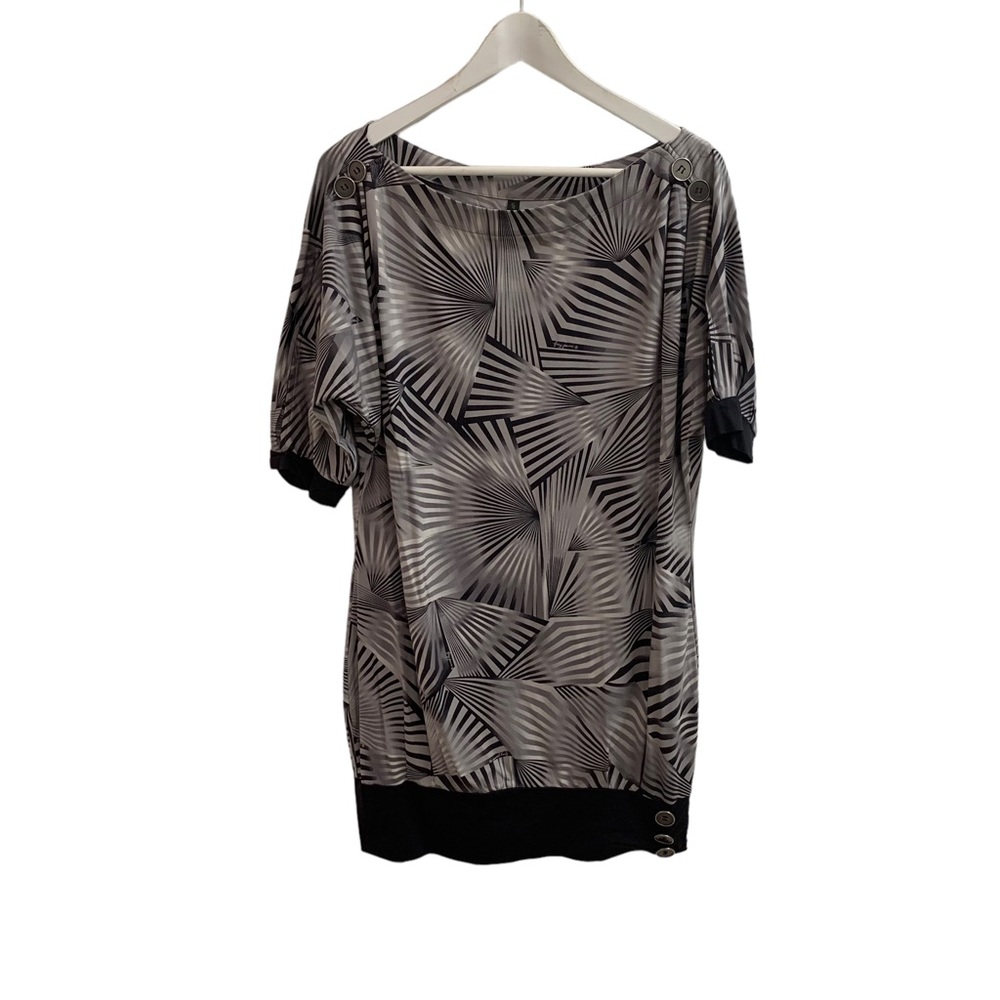 Vintage 90 Y2K Punk Rock Tunic Top Women Size Large Grey Black Abstract Shirt